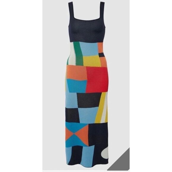 Staud Katie Dress Patch Print Knit Midi Blue Multi Square Neck Sleeveless Sz XS - Picture 3 of 8